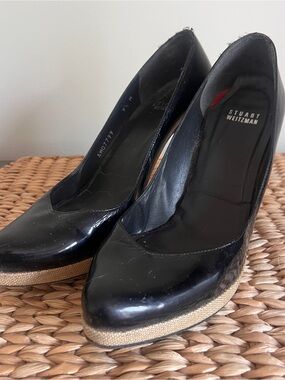 Stuart Weitzman Black Patent Leather Platform Wedges with Natural Weave